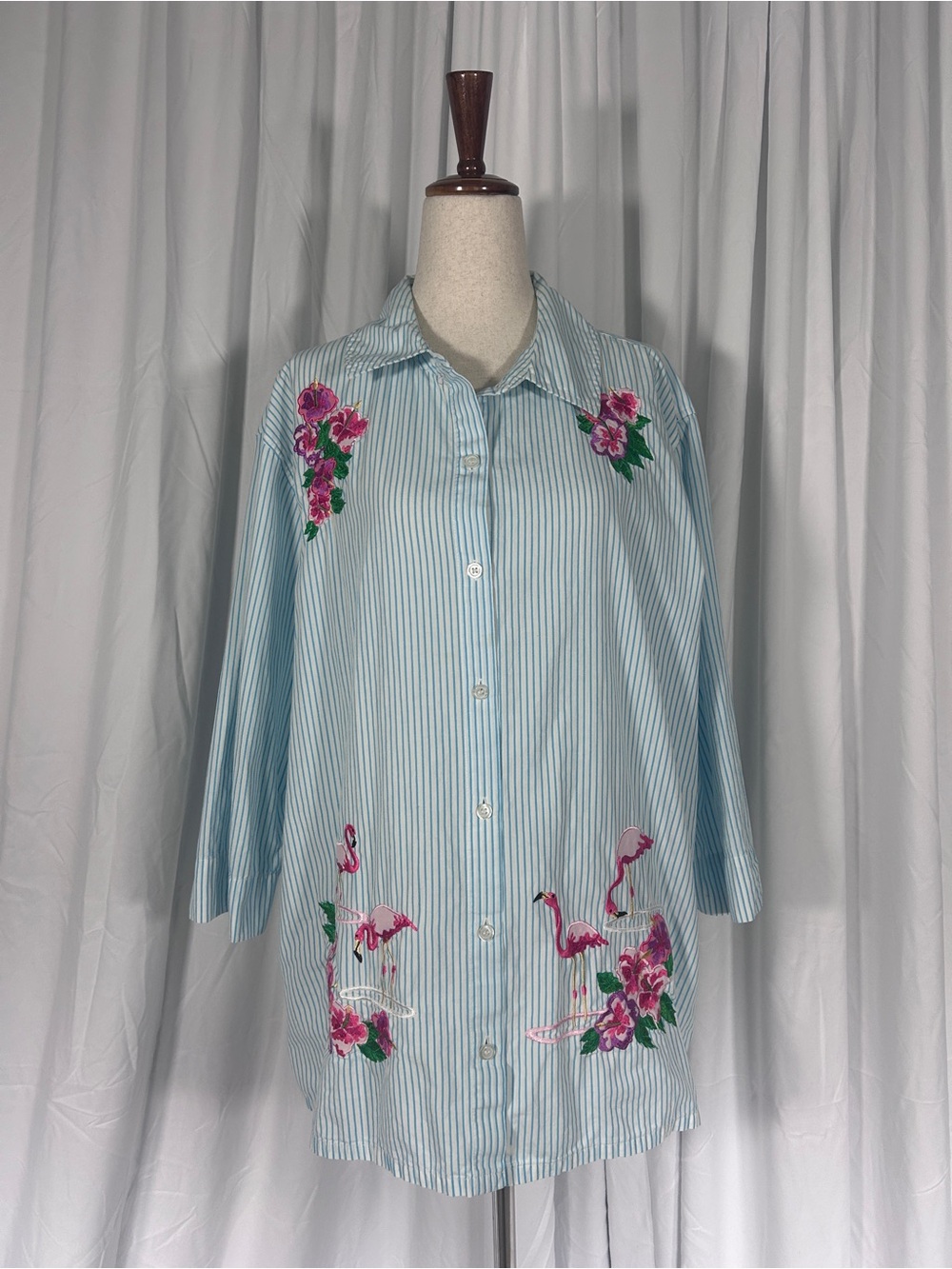 90s Vintage Bechamel Blue Striped Button-Down w/ Flamingo & Hibiscus Embroidery